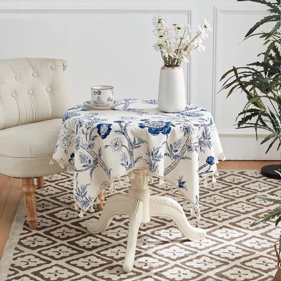 Cotton Linen Table Cloth Farmhouse Dining Table Cover Round Tablecloths with Tassels, Blue Begonia Flowers, 90*90cm