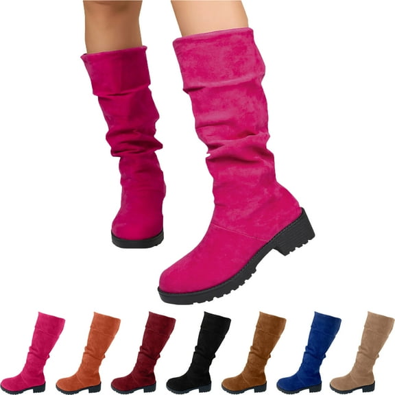 SKIYLEVZ Knee-High Boots for Women Leather Boots Timeless Boho Chic Casual Style Pair with Dresses and Skirts​​ Block Heel Stretch Figure Flattering Round Toe Side Zip