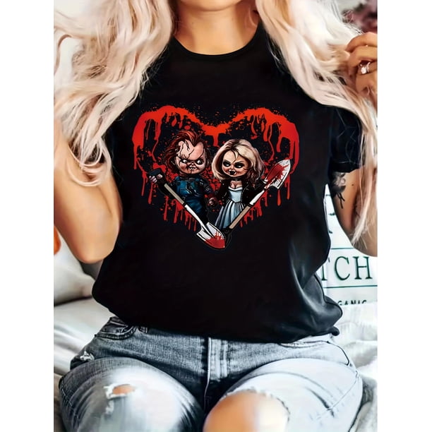 Camisetas de manga corta para mujer, camisetas de verano estampadas, cómodas, divertidas y casuales, para vacacionesWomen's Fashionable Halloween Chucky Heart Graphic T-Shirt - Casual Fit, Machine W