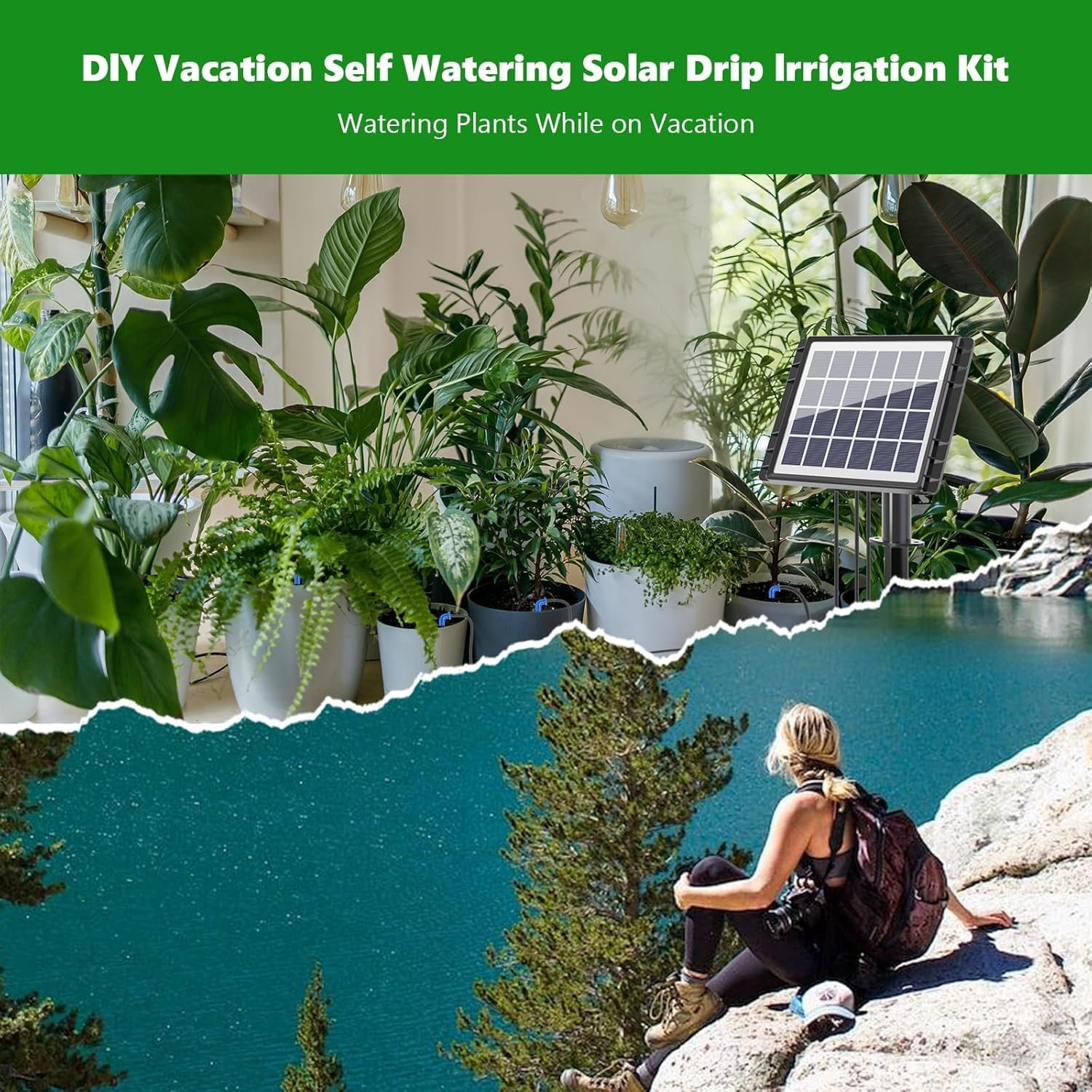 49FT Solar Drip Irrigation System Auto Watering Kit for 15 Pots, Solar-Powered Plant Watering Garden Irrigation System
