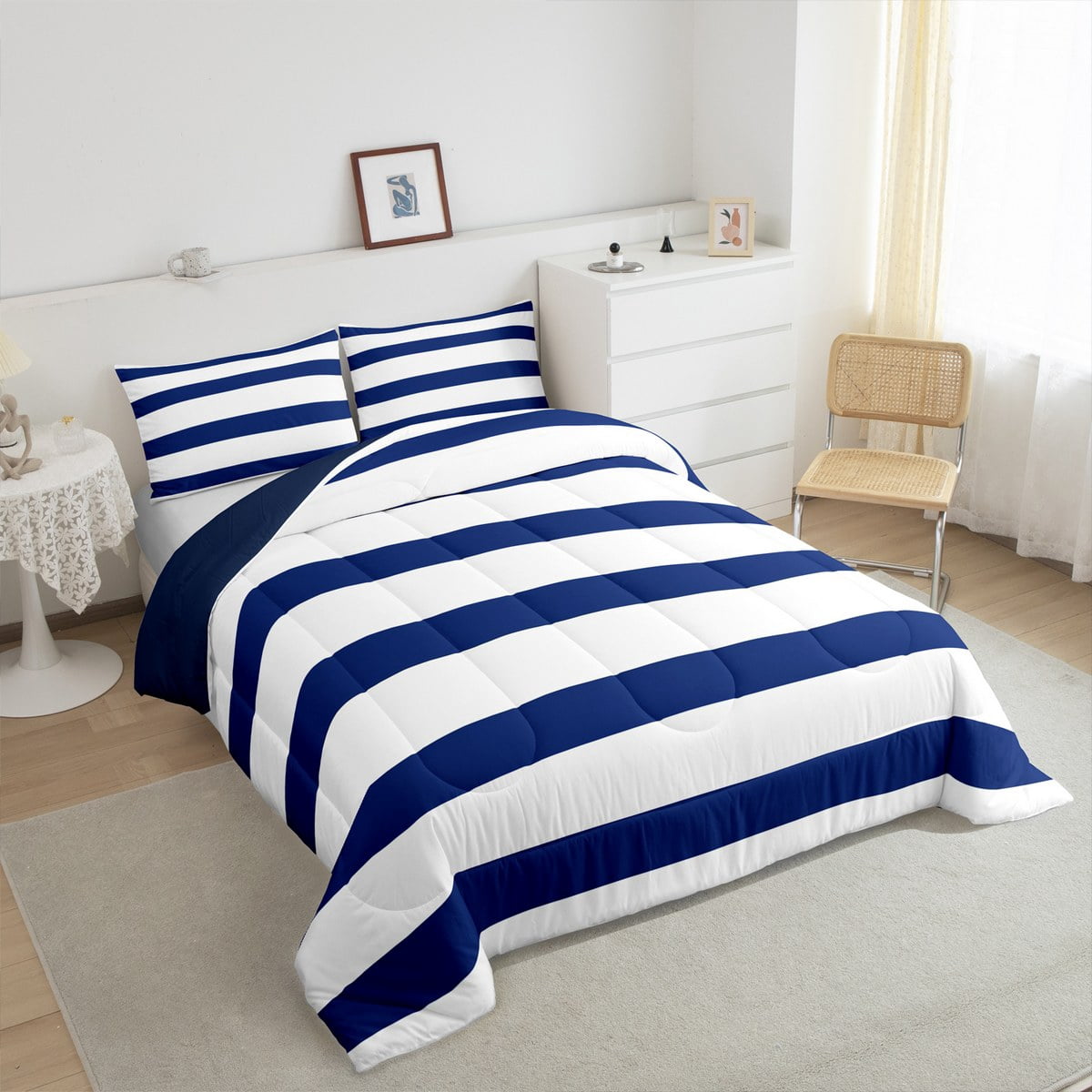 Manfei Geometric Stripes Comforter Sets Twin Size, Navy White Down Comforter, Teenager Boys Girls Reversible Bedding Twin Comforter Set, Microfiber Room Decorative, 2pcs