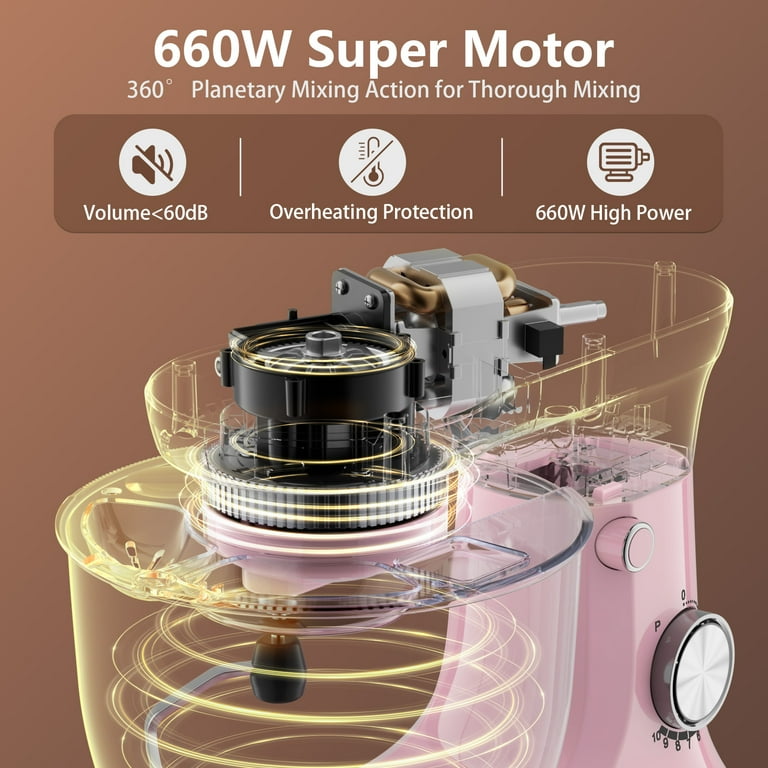 Trimeko New 3-In-1 5.5QT- Tilt-Head Food Stand Mixer with Bowl, Dough Hook, Whisk and Beater, Pink