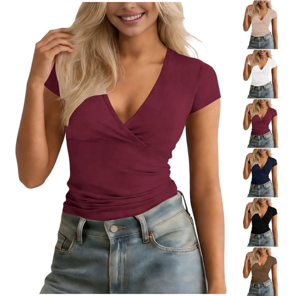 Wlynlyn Womens Tops Casual Deep V Neck Cap Sleeve Shirts Summer Fashion Slim Fitted Solid Color Basic Tees