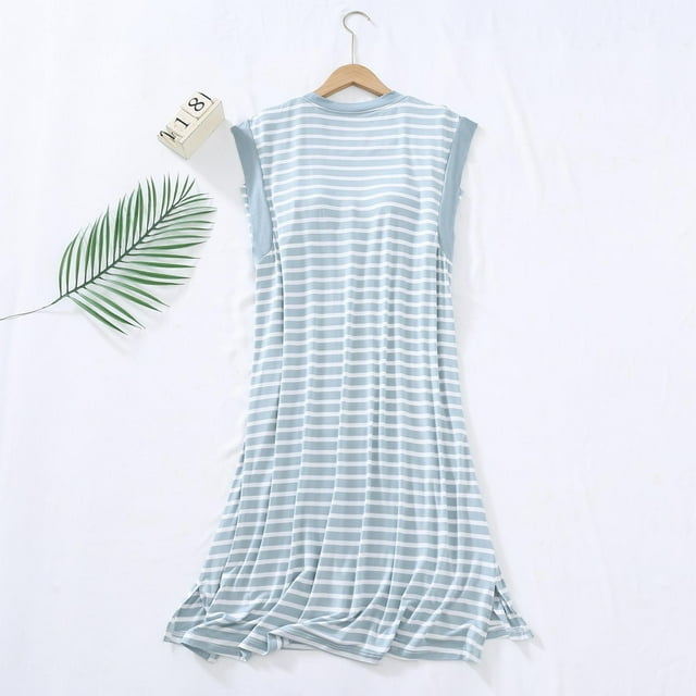 Xysaqa Robe de Nuit pour Femmes en Coton Modal Doux Chemise de Nuit Sans Manches Vêtements de Nuit Rayés Robes de Pyjama Chemise de Nuit M-TTG Liquidation Bleu Clair