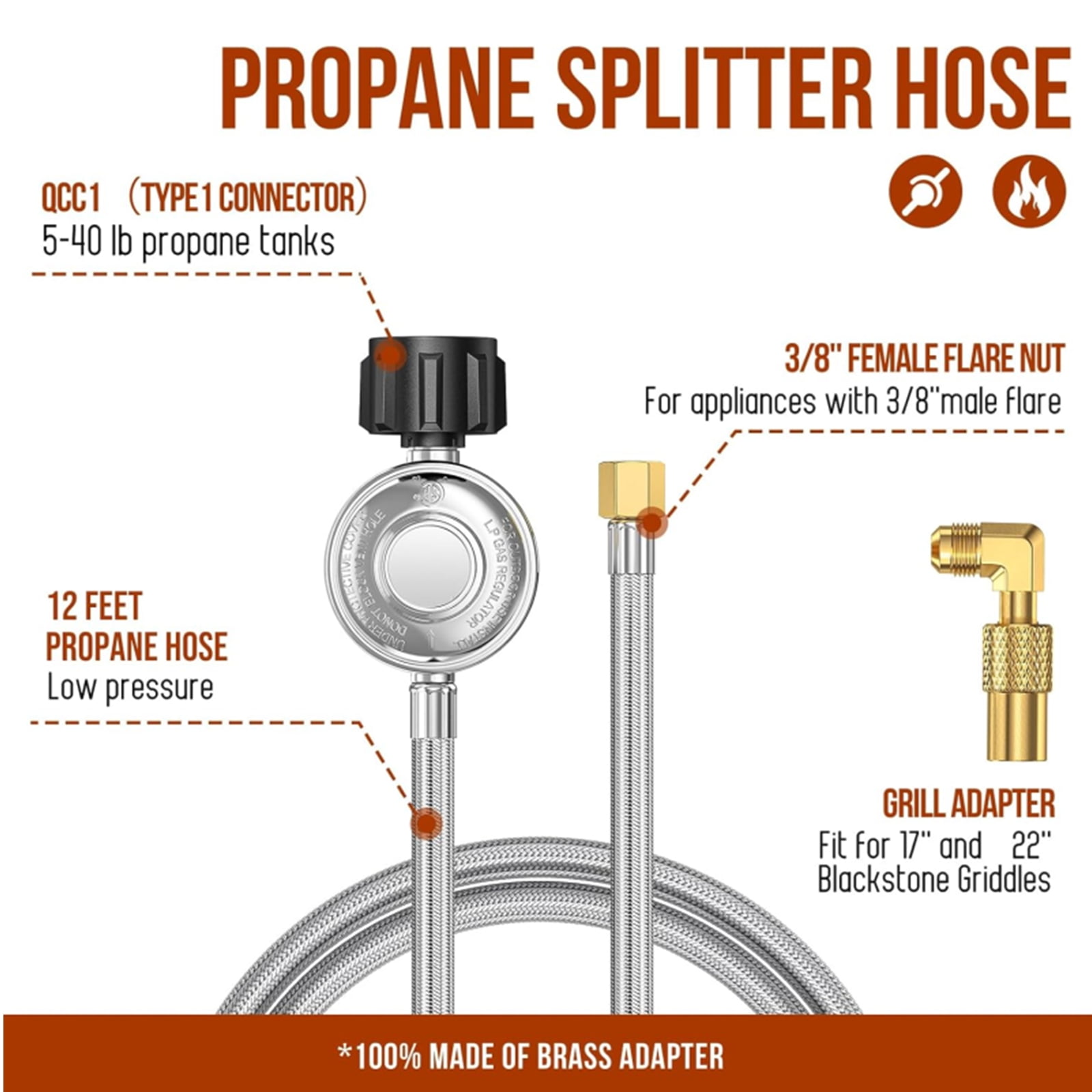 12FT Propane Adapter Hose with Regulator to 5-40lb Propane Tanks, QCC1 to 3/8 Female Flare Nut & Adapter for Blackstone Griddle 17/22'', Heater,Weber Grill Conversion Kit Replacement
