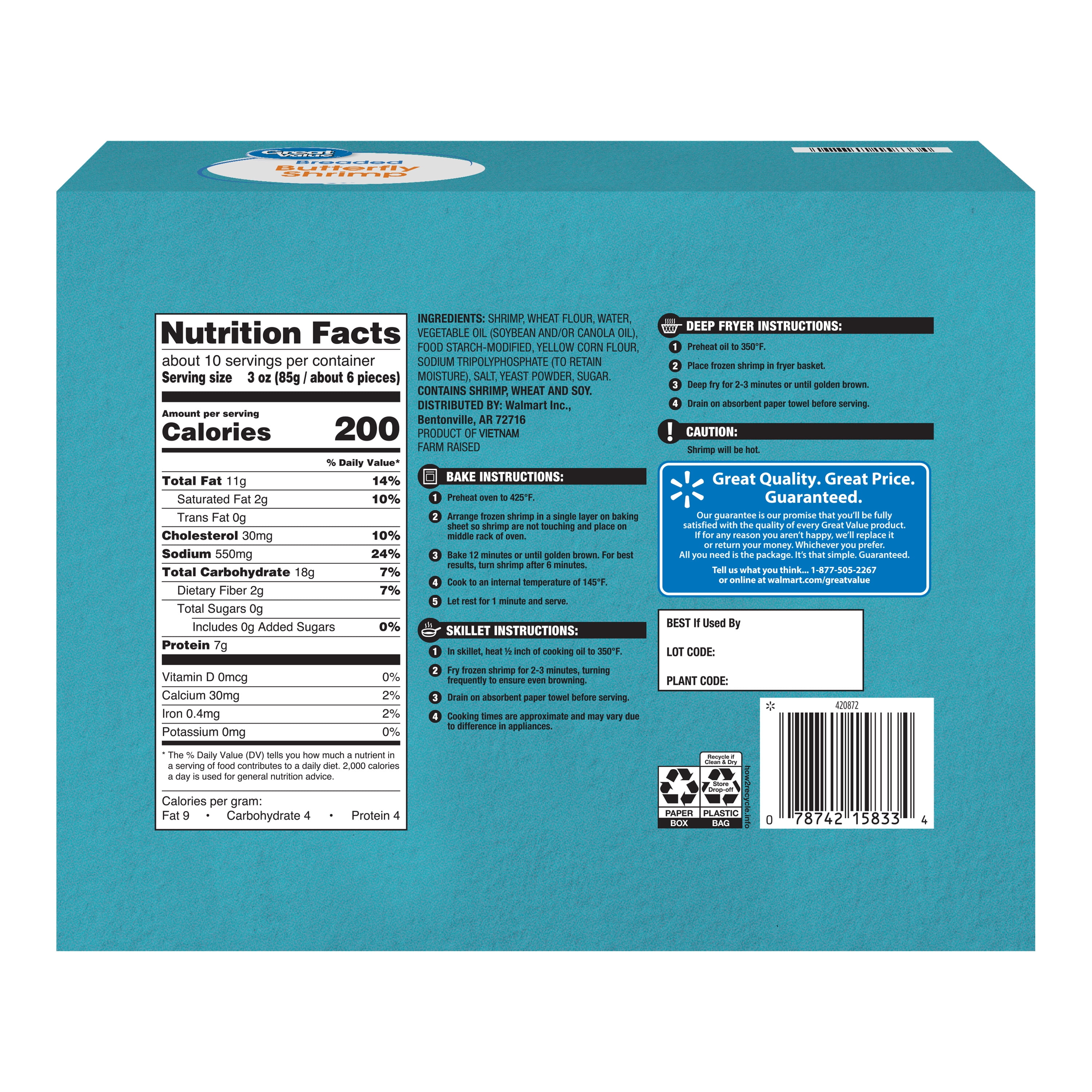 Great Value Frozen Ready to Cook Shrimp Seafood Breaded Butterfly, 32 oz