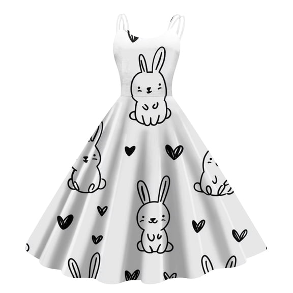 LWavelet Women's Spaghetti Strap Fit-and-Flare Dress, Patchwork Bunny & Carrot Print for Casual & Holiday Wear White L