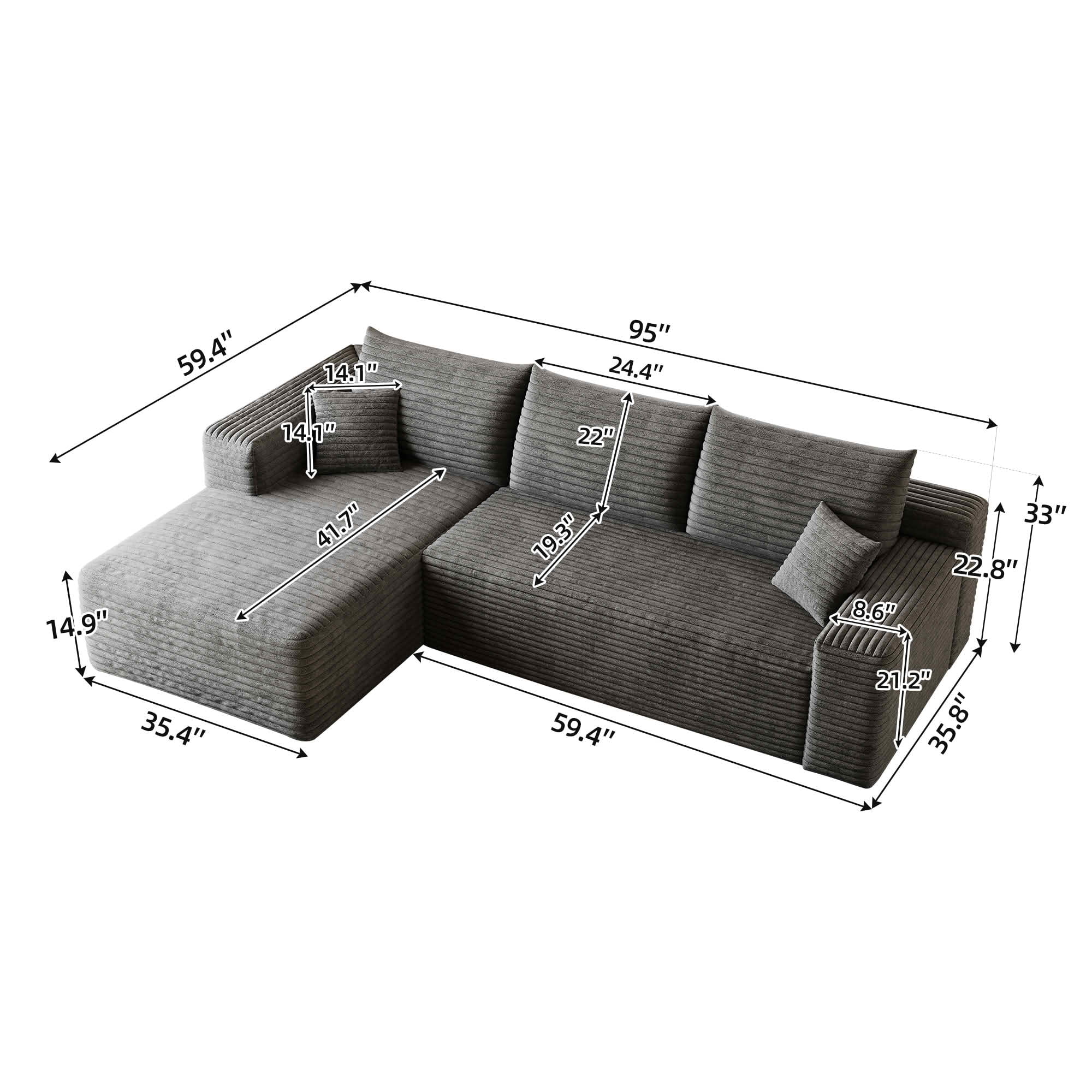 MAYEERTY 95 Inch L‑Shaped Cloud Sectional Sofa, Modern Minimalist Deep‑Seat Corner Couch, Plush Corduroy Upholstered Reversible Sofa, No‑Assembly Required for Living Room Bedroom Apartment