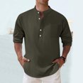 thumbnail image 2 of ZCFZJW Mens Cotton Linen Henley Shirts Long Sleeve Casual Shirt Summer Beach Hippie T-Shirt Band Collar Shirt with Chest Pocket Army Green M, 2 of 8