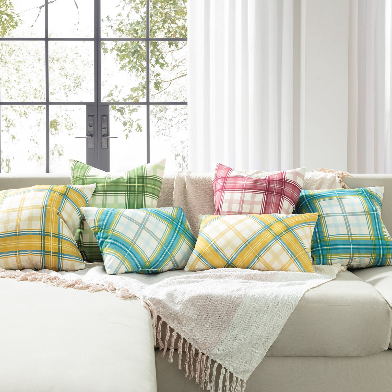 Phantoscope Buffalo Plaid Decorative Throw Pillows with Inserts, Double-Sided Printed Checkered Design, 18 x 18 in, Yellow, 2 Pack