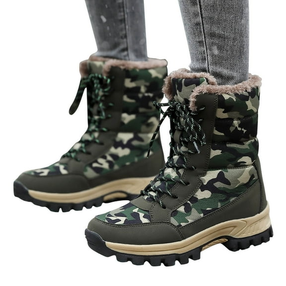 Rewenti Women's Snow Boots Thick Soled Fall/winter New Plush Insulation Snow Boots Outdoor Camouflage High Top Cotton Shoes Green 9(42)