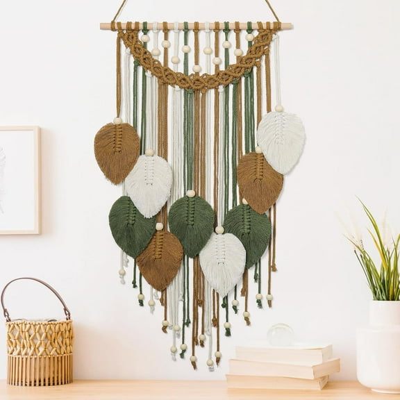 Sinkoo Macrame Wall Hanging, 29.9"x15.7" Green Brown Boho Wall Decor for Apartment Living Room BedroomTapestry, Kawaii Gothic Woven Leaves Hangings