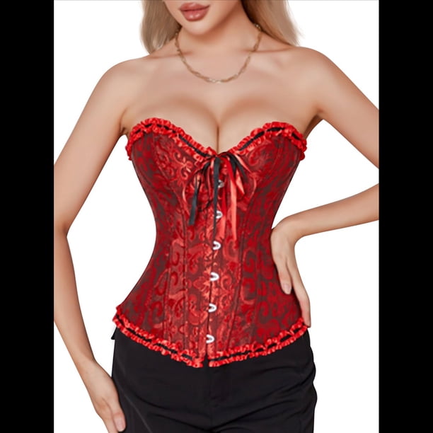 Corsé Moldeador con Cordones y Estampado Floral Renacentista para Mujer, Sin Mangas, con Cuello en V. Negro y Rojo M