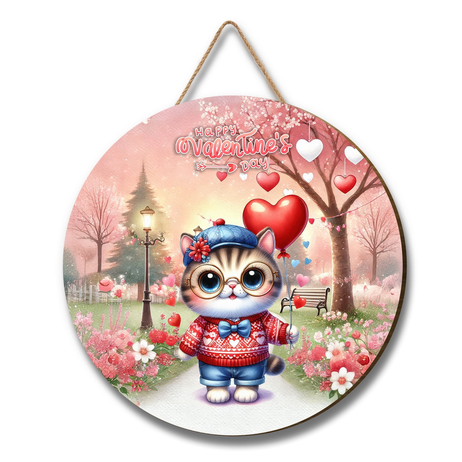 Happy Valentine’s Day Adorable Exotic Shorthair Kitten Holding Heart Balloon Round Wood Sign Cat Lover Kitten Owner Gifts Hanging Wall Home Decor - 00030