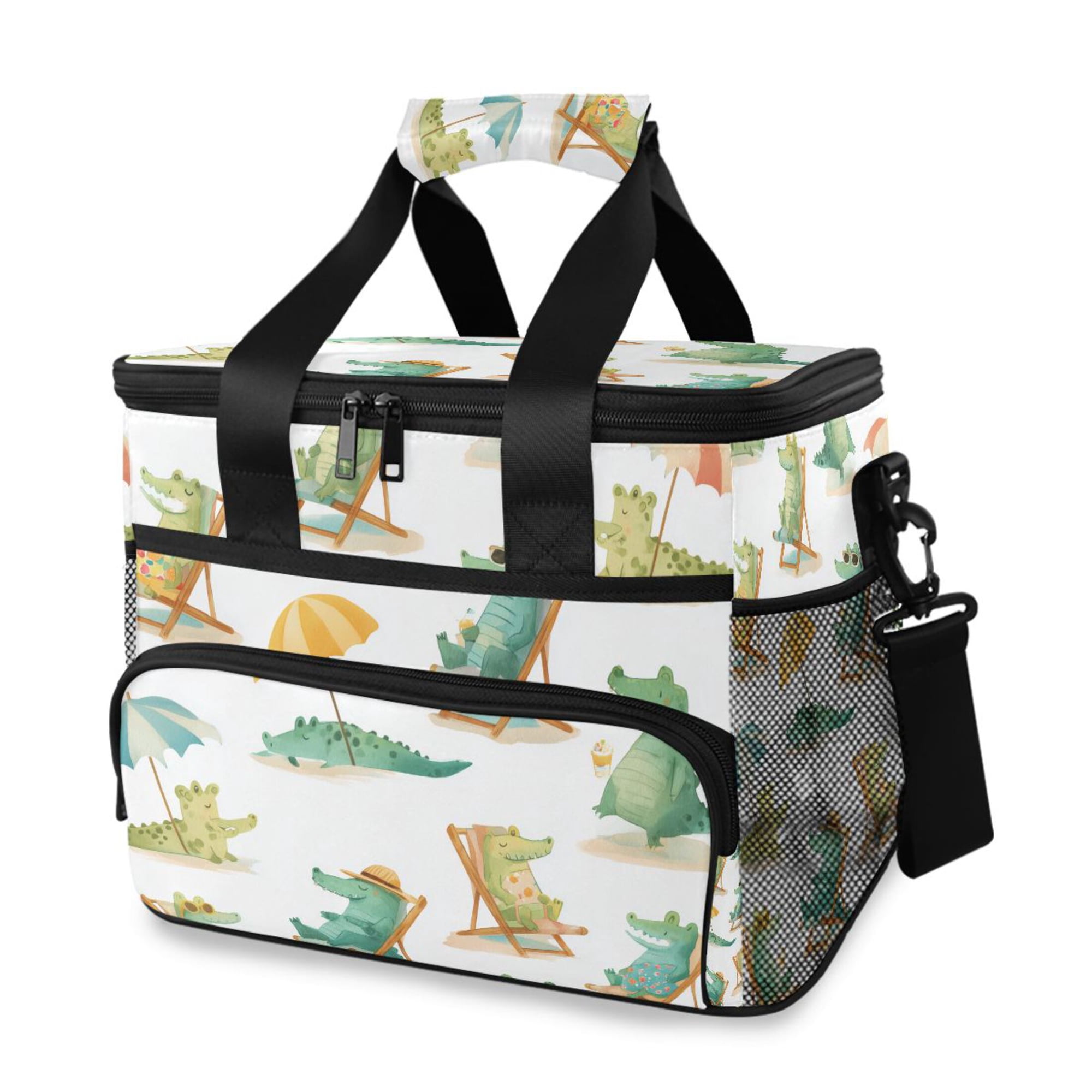 Cute Crocodiles Sunbathing on Beach Chairs Portable Cooler Lunch Box Reusable Insulated Lunch Bag Leakproof 15L