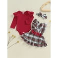 thumbnail image 3 of Suealasg 3Pcs Baby Girl Fall Clothes Flying Sleeve Romper +Plaid Print Suspender Skirt + Headband Set 3 6 12 18 24 Months Infant Girl Autumn Outfits, 3 of 7