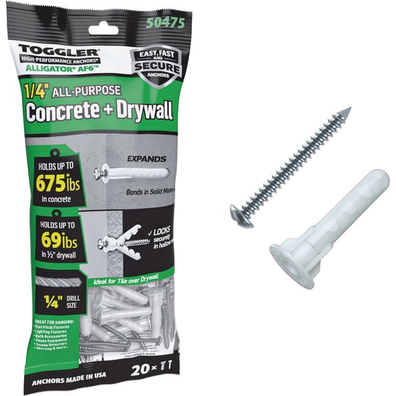 TOGGLER Alligator AF6 Flanged Anchor with Screws, Polypropylene, Made in US, for #6 to #12 Fastener Sizes 20
