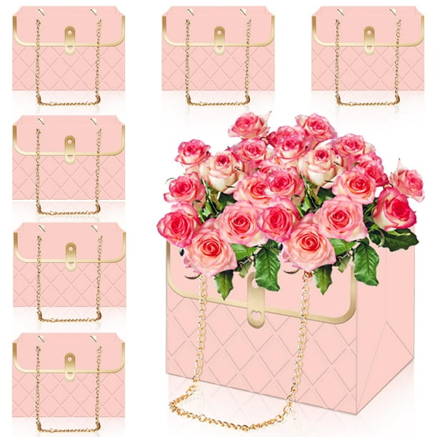 Bolsas de flores de papel rosa con cadena de Metal, Cubo de almacenamiento para ramo, bolsos de floristería, cesta para envolver flores, 6 uds.