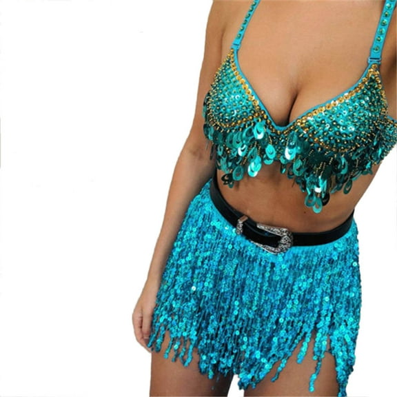 Women Sequin Belly Dancer Tassel Wrap Skirt Club Mini Skirt Belly Dancing Skirt