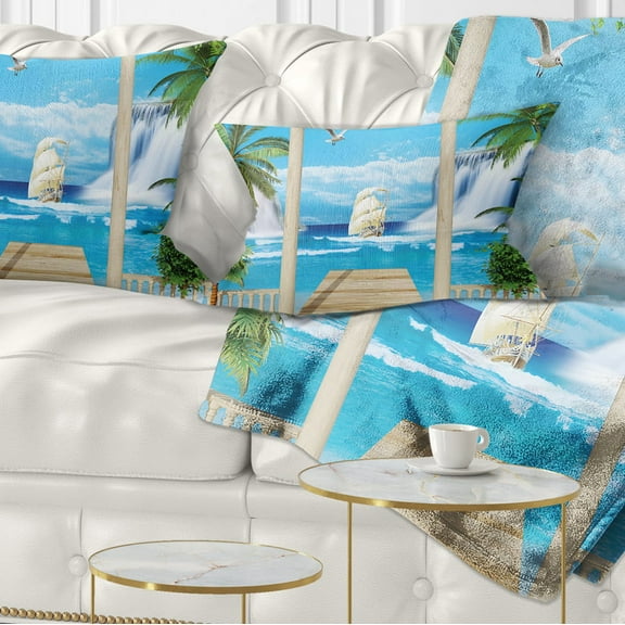 Designart Wooden Terrace with Sea View - Landscape Photography Throw Pillow - 12x20