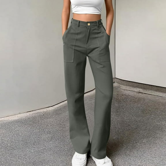 Roncen Women's Solid Color Cargo Pants - Relaxed Fit Button-Front Casual Trousers with Utility Pockets & Sporty Style