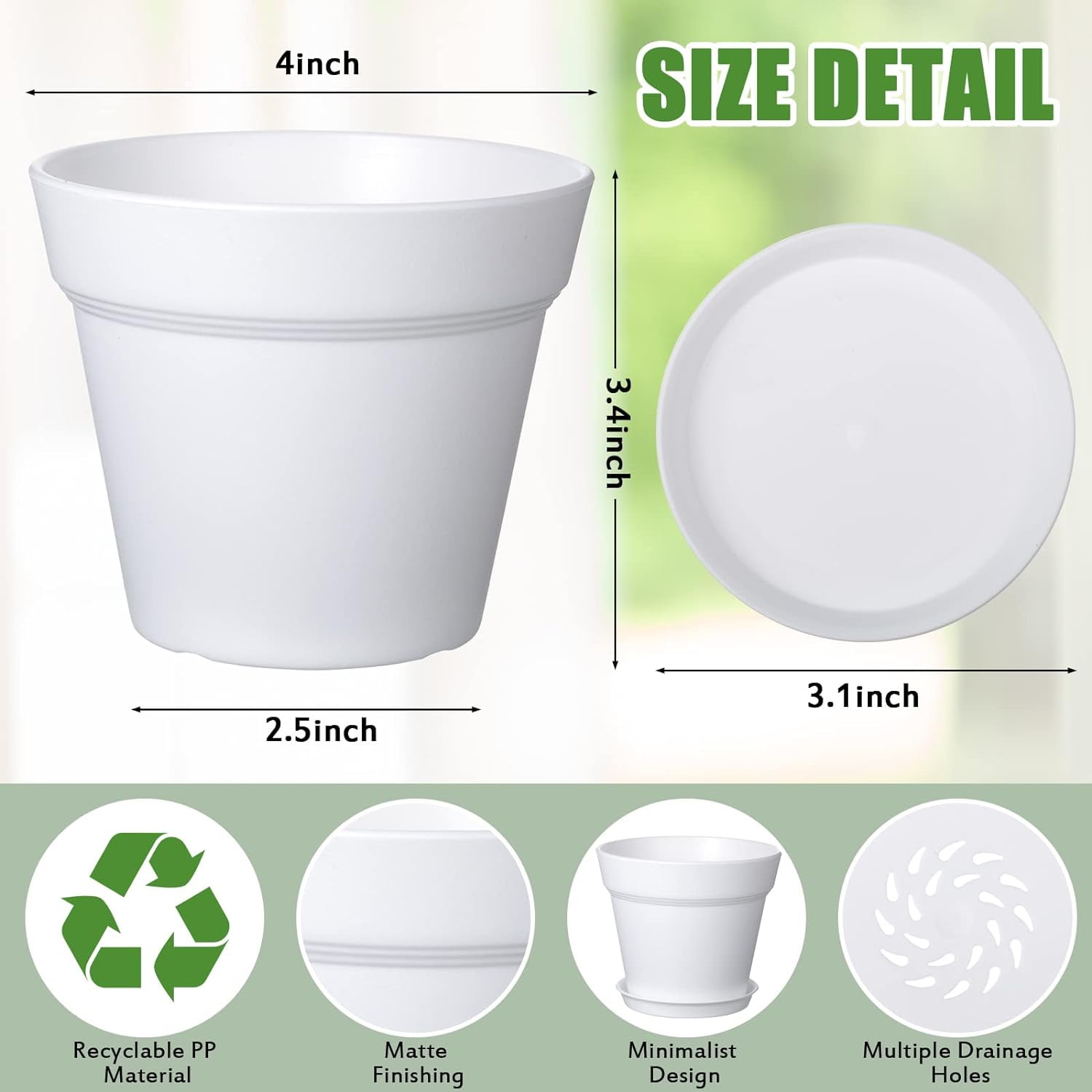 54 Pack 4 Inch Plant Pots Bulk Small Planter with Drainage Hole and Saucer Small Plastic Pots for Flowers Succulent Cactus and All House Indoor(White)