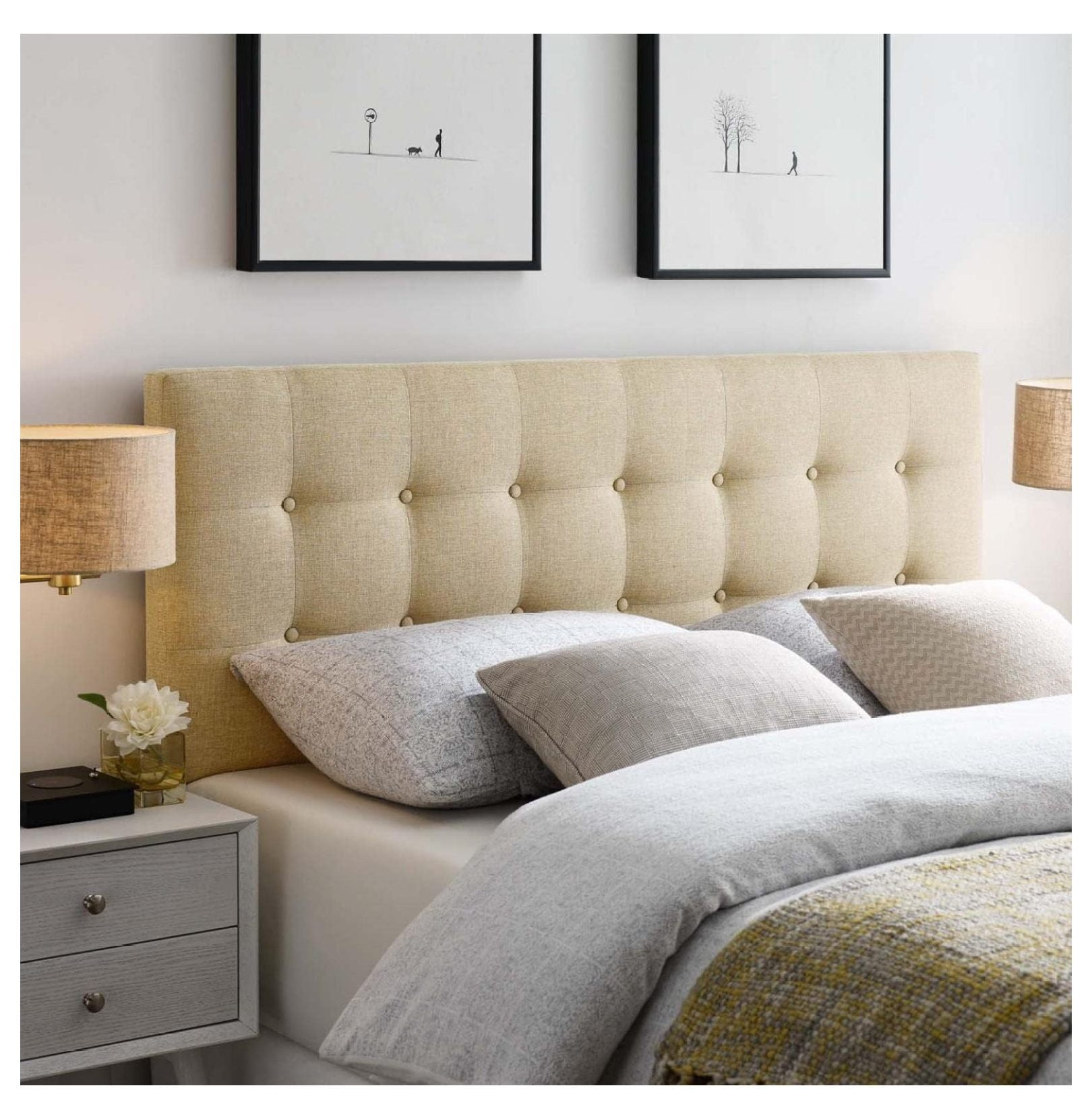 Exlonjet Emily Tufted Button Linen Fabric Upholstered Full Headboard in Beige