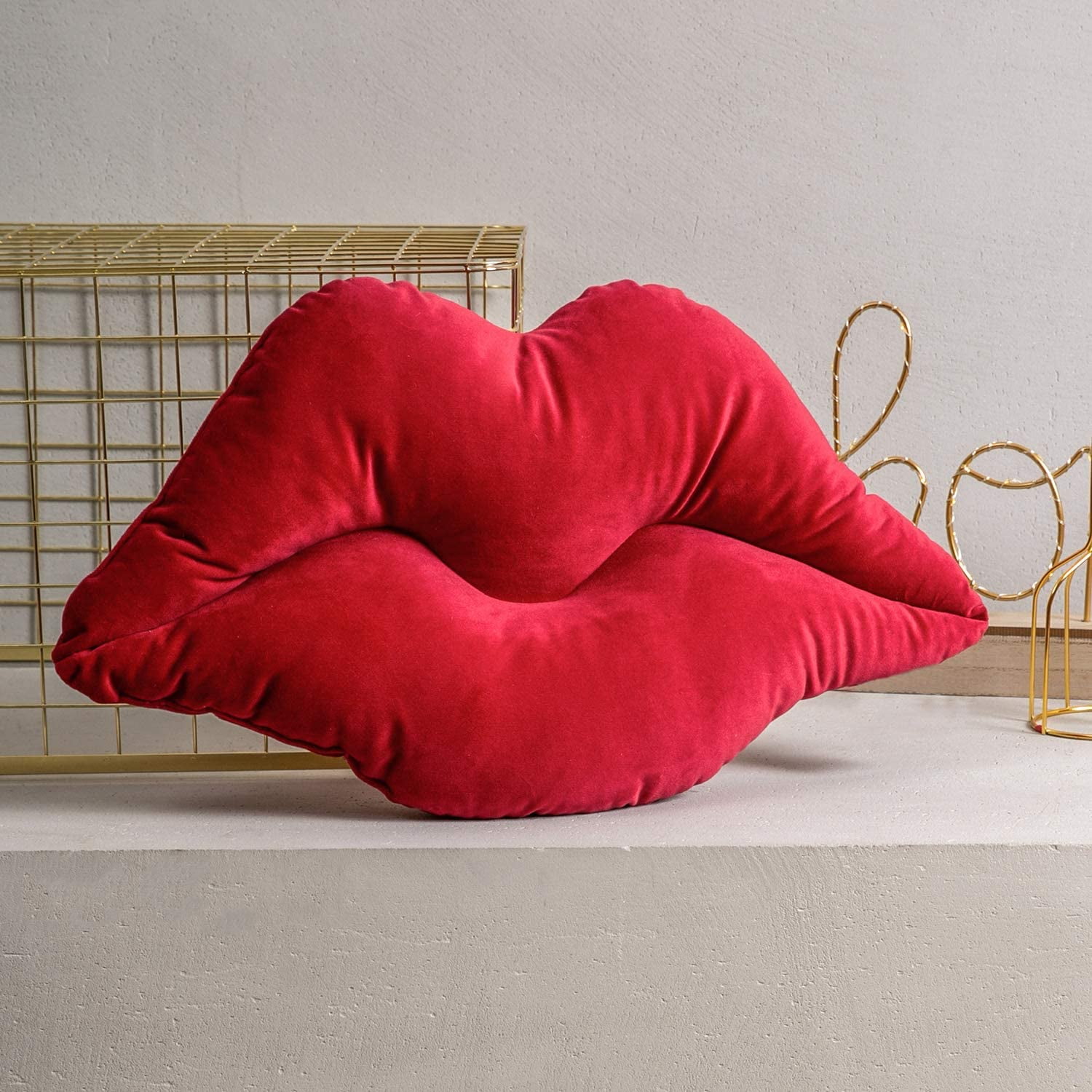 3D Lips Soft Velvet Cushion Throw Pillows for Couch Bed Living Room, Insert Included, Dark Red, 24 X 12.5 inches