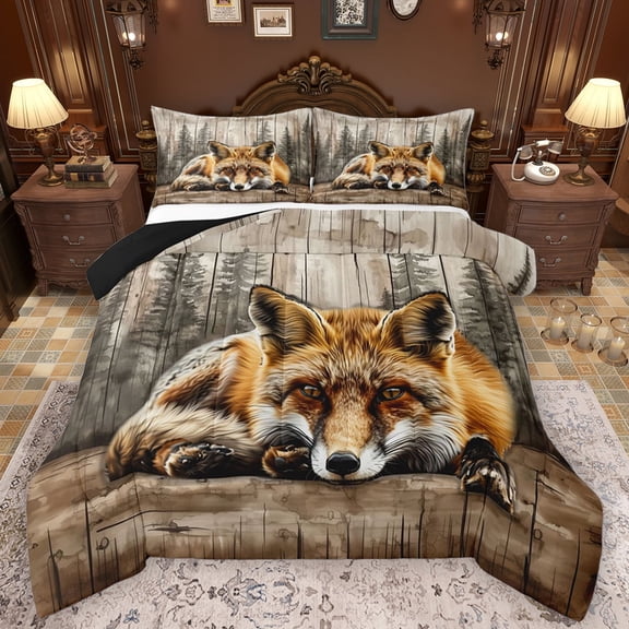 Feelyou Rustic Highland Fox Queen Comforter Set for Kids, Vintage Lodge Cabin Bedding Sets, Jungle Wildlife Reversible Bedding Comforter Set, Microfiber Bedroom Decor, 3 Pieces