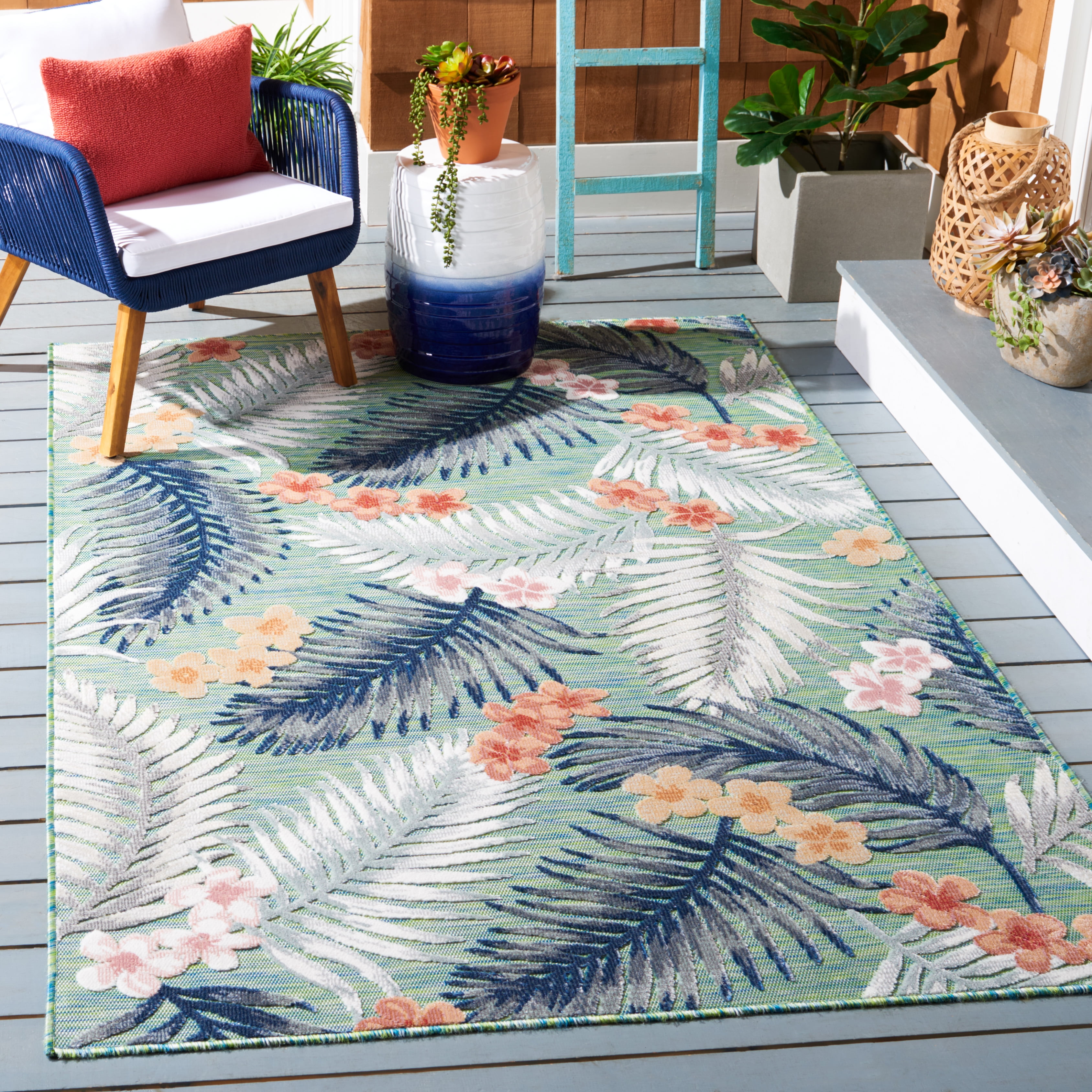 SAFAVIEH Cabana Kade Indoor/Outdoor Area Rug, Green/Navy, 5' x 8'