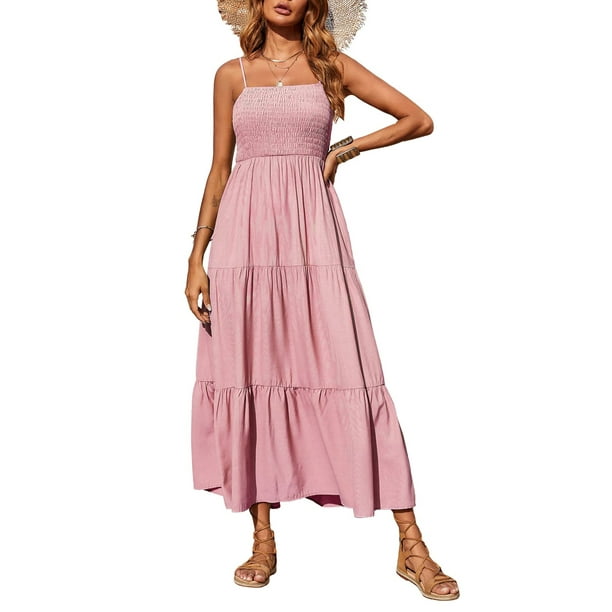 wybzd Women's Spaghetti Strap Maxi Dresses Smocked Dress Tube Top Skirt ...