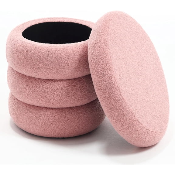 Boucle Ottoman with Storage Pink, Small Round Footrest Stool with Removable Lid, Upholstered Sherpa Vanity Chair for Bedroom Entryway