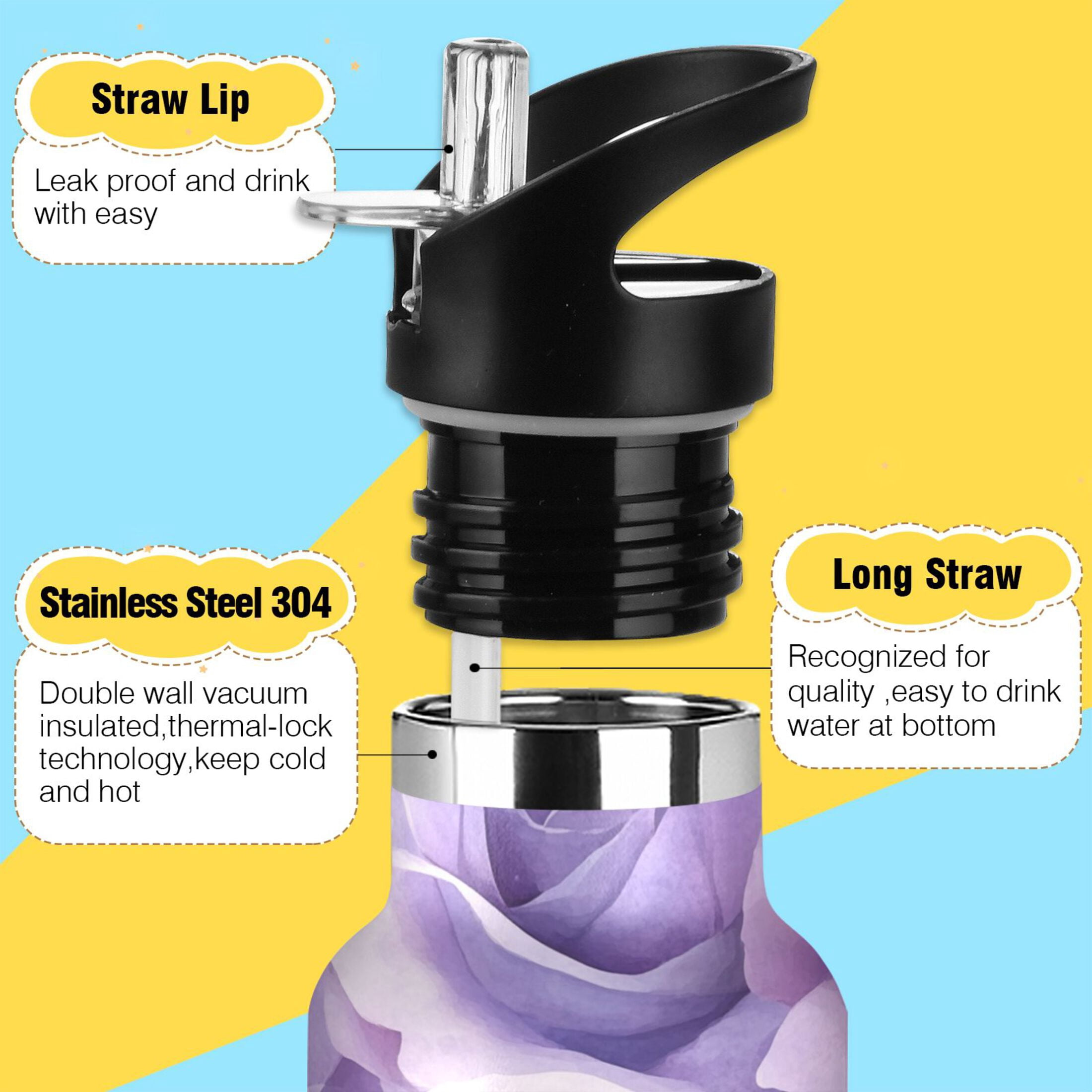 600ML Stainless Steel Insulated Cup Sports Water Bottle Portable Thermos Cup Water Glasses Insulated Tumblers Convenient and Durable Purple Roses Seamless