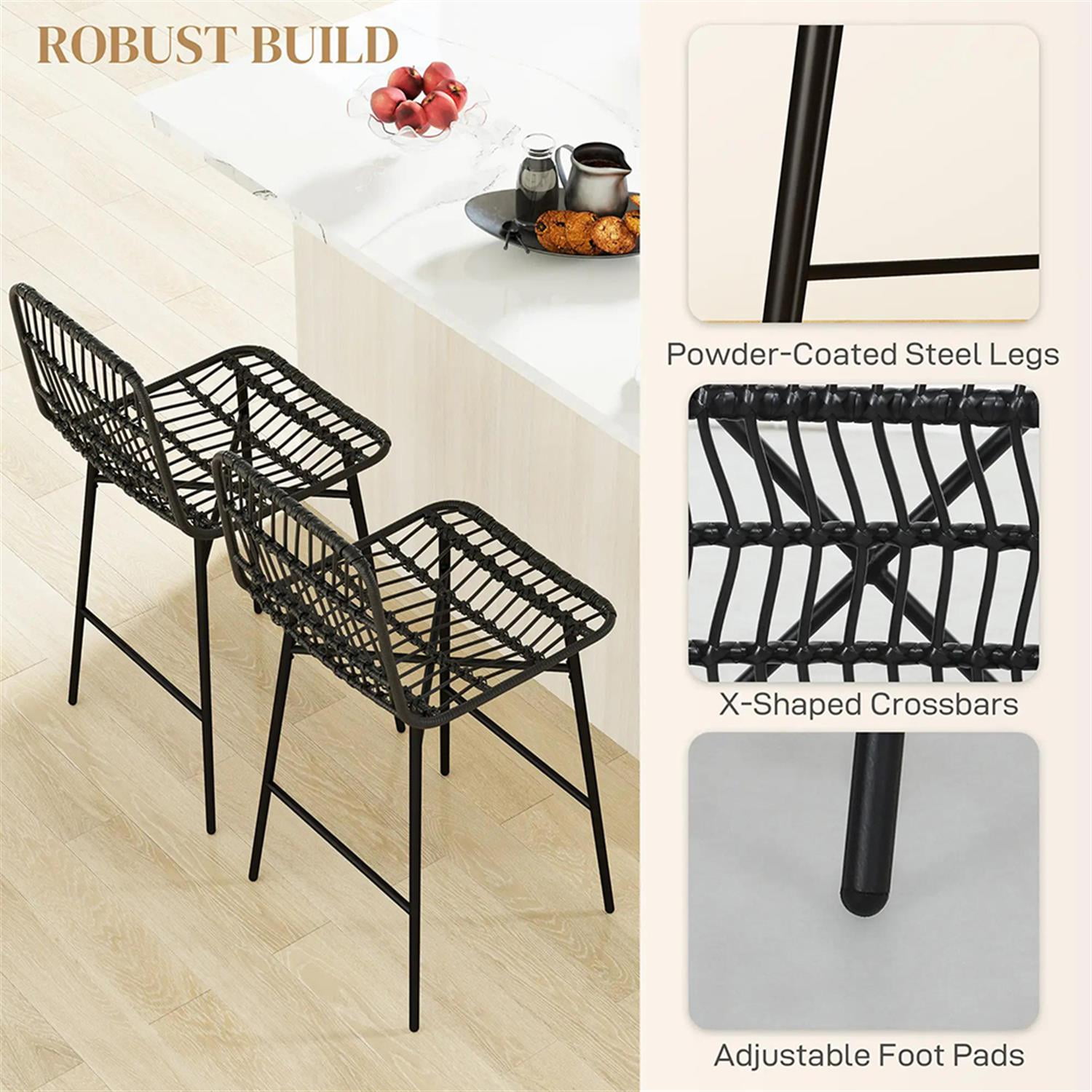 Demi Bonn Modern Rattan Counter Bar Stool Set of 2, 26" Counter Height Bar Stool with Back and Steel Legs for Kitchen, Dinning Room, Black