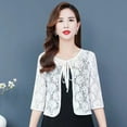 thumbnail image 6 of Women Fall Spring Coat Lace-up Floral Embroidery Solid Color Shawl Three Quarter Sleeves Loose Hollow Out Lace Round Neck Short Type Sun Protection Jacket, 6 of 8