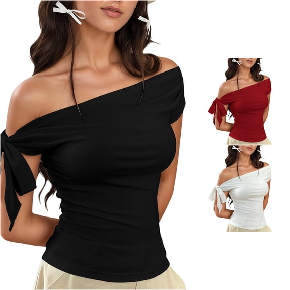 Trendfront Womens Off Shoulder Tops Short Sleeve Tie Knot Design Casual Slim Fit Solid Color Summer Going Out Shirts