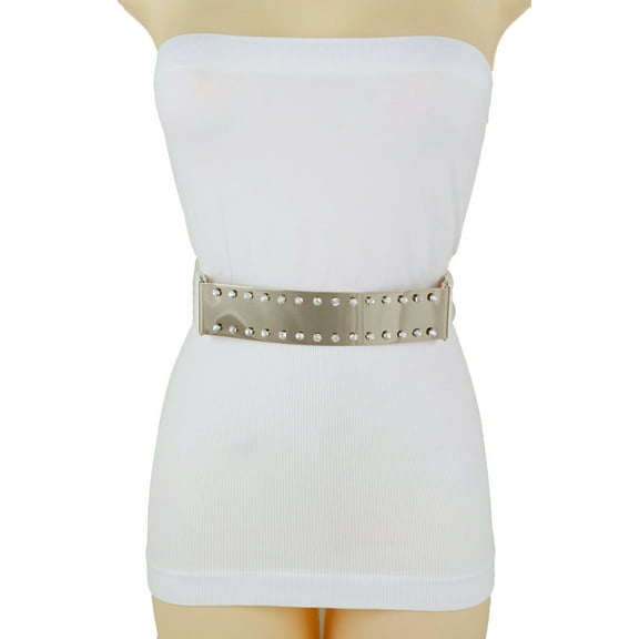 Women White Stretch Belt Elastic Hip High Waist Gold Metal Plate Buckle