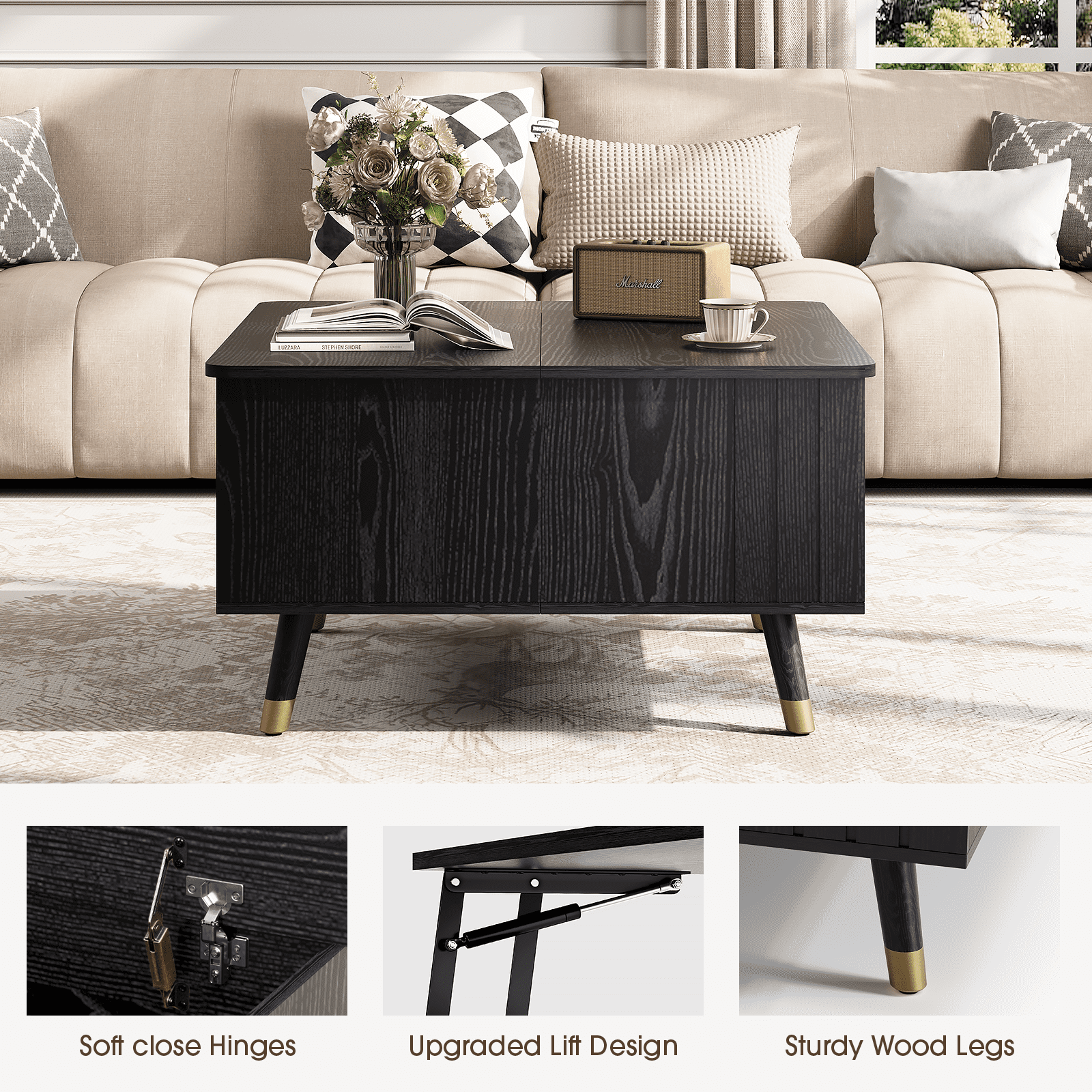 JOINICE Lift Top Coffee Table with Hidden Storage Space, Wood Square Center Table,for Living Room, Black