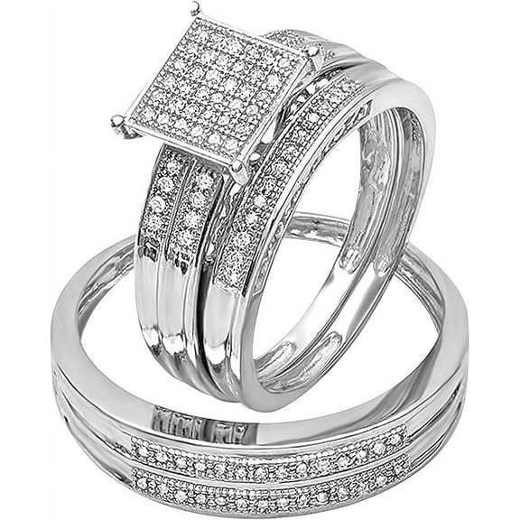 NYS Jewellrs Unisex 14K White Gold Plated 2.15 Ct Round Cut White Diamond Wedding Engagement Trio Ring Set 925 Sterling Silver For Men's & Women's -9