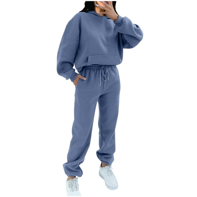 IROINNID Chandail en Molleton pour Femmes Ensemble 2 Pcs Poches Col Rond Décontracté Manches Longues + Pantalon Ensemble Tenues de Sport, Bleu Clair