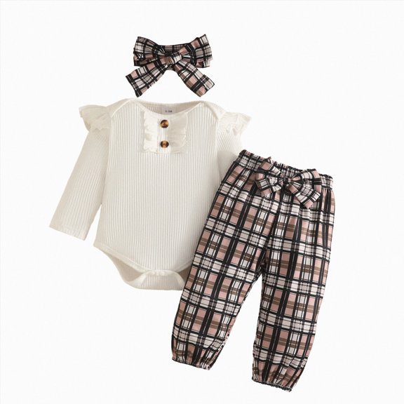Linfrsh Baby Girl's 3pc Rib Frill Long Sleeve Romper and Pant Set 3 6 9 12 18 Months, 3-6 Months
