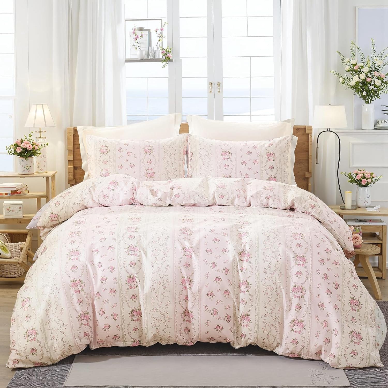 Duvet Cover - 100% Cotton Reversible Floral Duvet Cover Set with Zipper Closure, 3 Pieces Soft & Breathable Pink Aesthetic Bedding Set