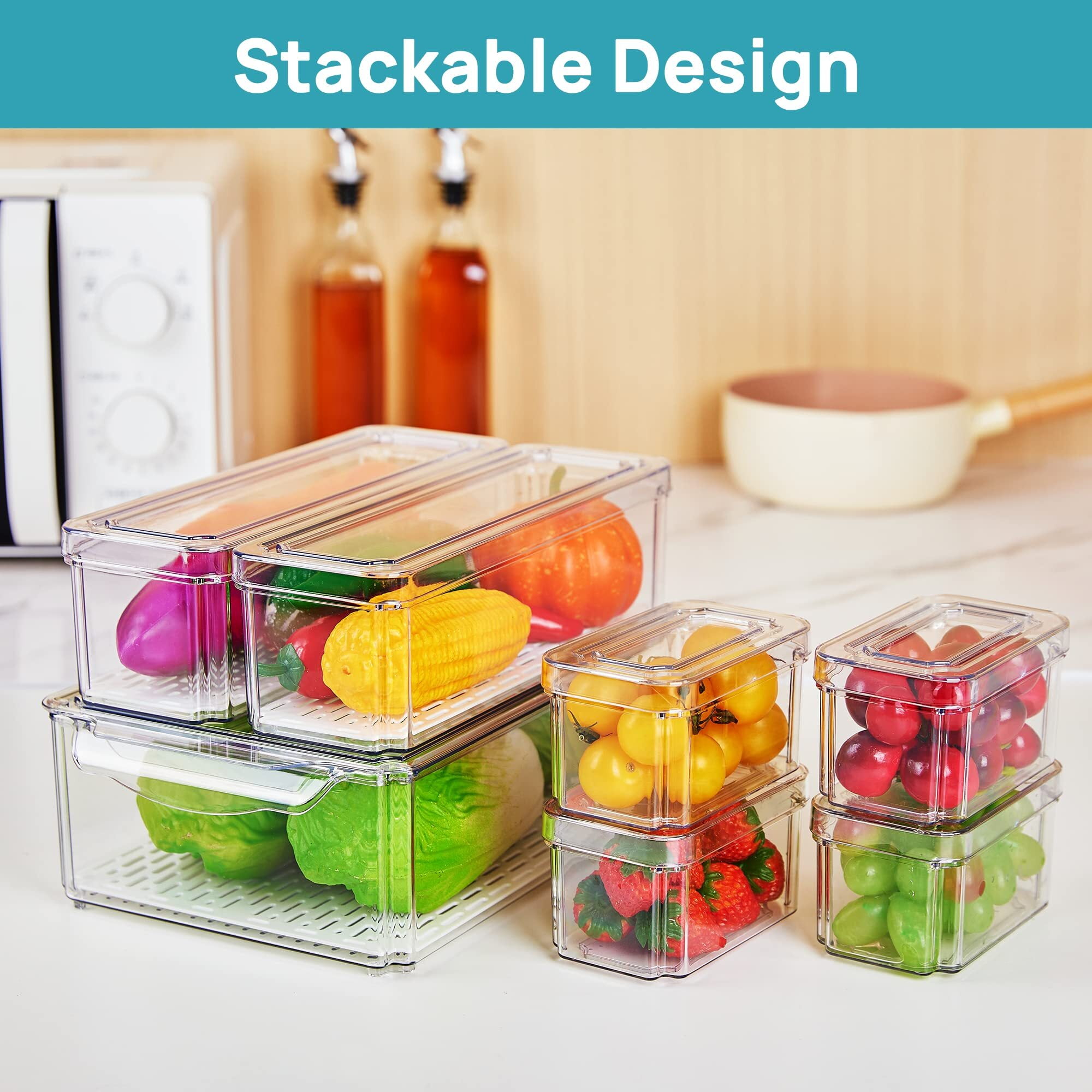 Moretoes 7pcs Fridge Organizer with Lid, Clear Refrigerator Organizer Bins  Set Stackable BPA-Free Fruit Storage Containers of 3 Sizes for Food