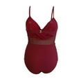 thumbnail image 4 of UTSJKR Women V Neck One Piece Swimsuit Wrapped Mesh Tummy Control Bathing Suit with Adjustable Spaghetti Straps Wine 8, 4 of 5