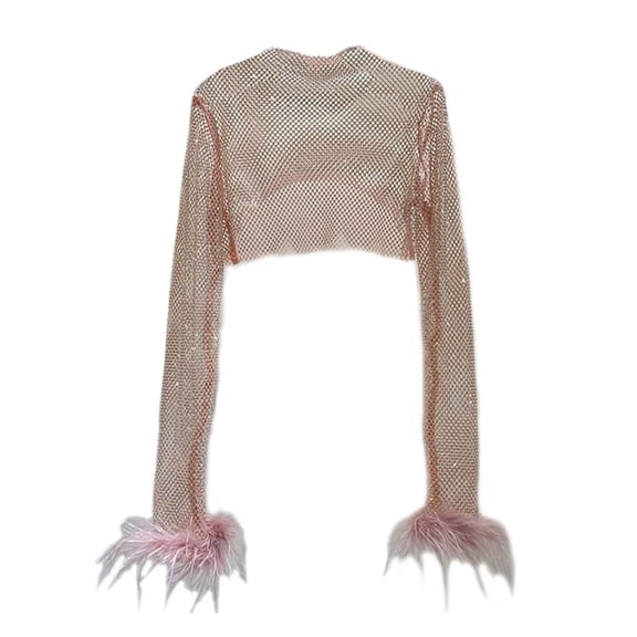 YM YOUMU Women Mesh Sheer Blouse Shiny T-shirts Hollow Out Net Crop Tops