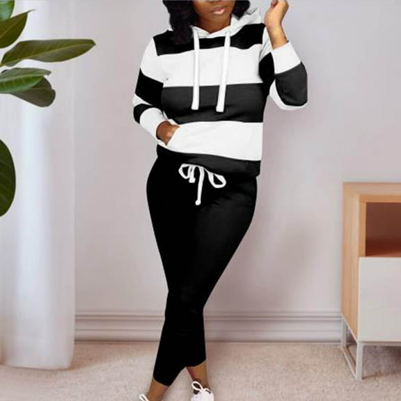 Frostluinai Outfits for Women 2 Piece Sets Striped Hoodies Slim Fit Leggings Long Sleeve Drawstring Waisted Casual Fall Sets with Pocket