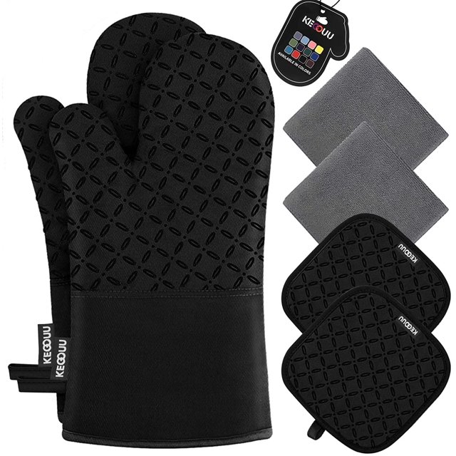 Juego de 6 manoplas y agarraderas para horno, resistentes al calor (500 grados), extra largas, con superficie de silicona antideslizante para cocinar (negro)