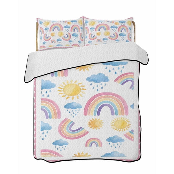 Quilts Twin Size Bedding Set, Rainbow Sunshine Lightweight Quilted Comforter, Rainy Cute Pink Border Soft Reversible Bedspread Coverlet with Pillow Covers for All Season, 68" x 86"