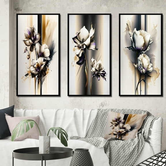 Designart "White Orchid on Golden Beige Canvas II" Floral & Botanical Framed Wall Art Set Of 3 - White Orchid Frame Gallery Set For Office Decor