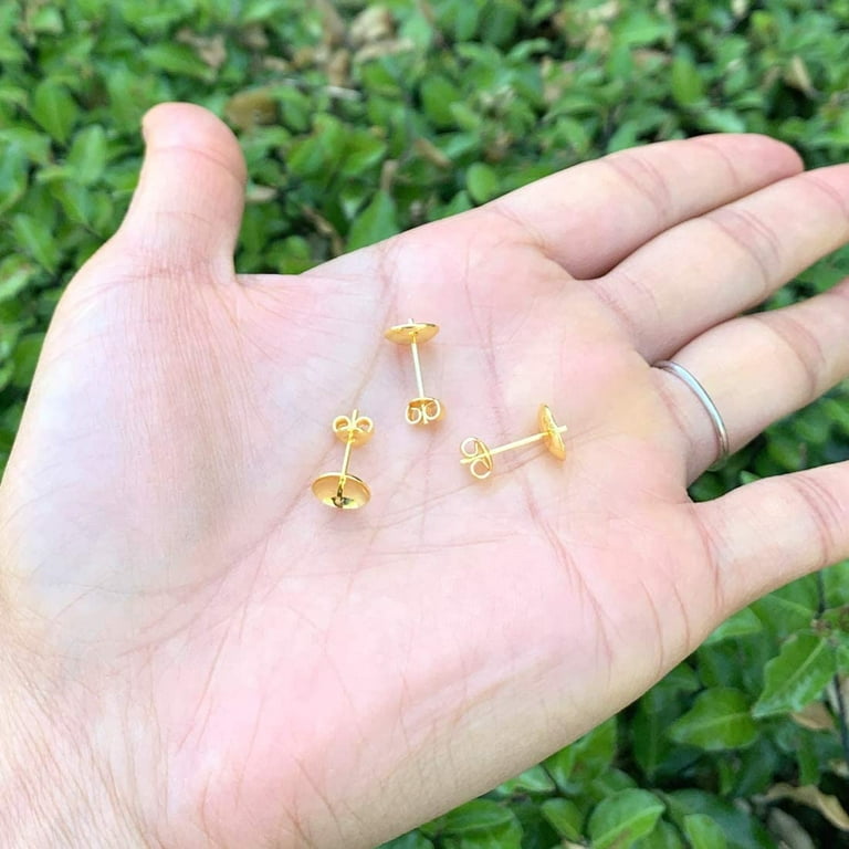 100pcs Hypoallergenic Tarnish Resistant Earring Posts Gold Plated Brass  Stud Earrings 8mm Setting Pearl Cup with Earnut Safety Back BF220-8